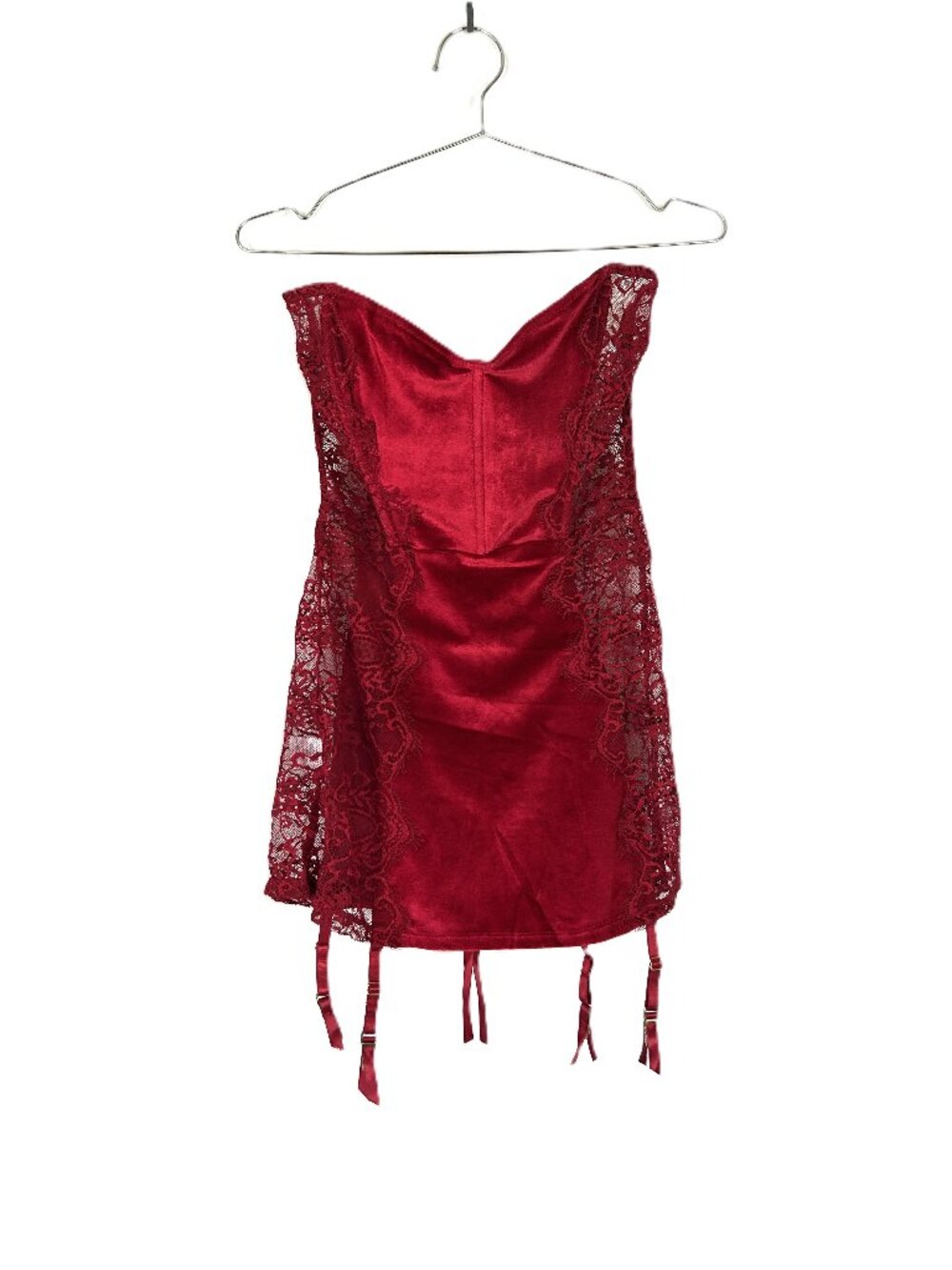 Venus Strapless Teddy Gown w Garter Straps Lace Velvet Red L